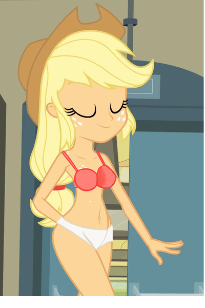 Size: 640x960 | Tagged: suggestive, derpibooru import, edit, edited screencap, screencap, applejack, equestria girls, equestria girls (movie), bra, breasts, clothes, female, freckles, panties, solo, solo female, underwear, underwear edit