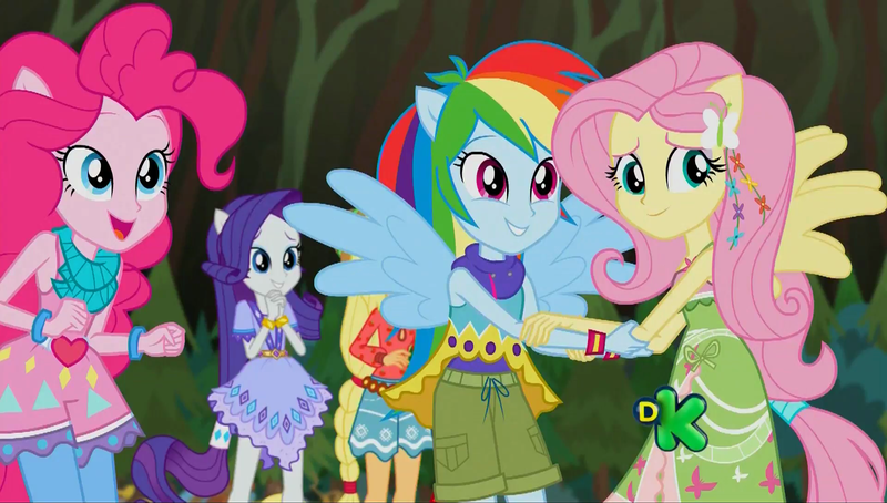 Size: 1920x1090 | Tagged: safe, derpibooru import, screencap, applejack, fluttershy, pinkie pie, rainbow dash, rarity, equestria girls, legend of everfree, camp fashion show outfit, cute, discovery kids, ponied up