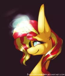 Size: 474x548 | Tagged: safe, artist:xxmissteaxx, derpibooru import, sunset shimmer, pony, equestria girls, magic, smiling, solo