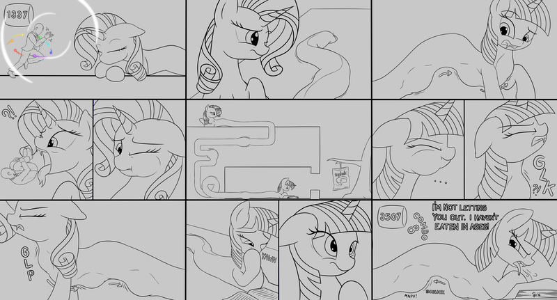 Size: 3000x1618 | Tagged: questionable, artist:suspega, derpibooru import, rarity, twilight sparkle, oc, oc:anon, human, lamia, original species, snake pony, abdominal bulge, conjoined, crotch bulge, dialogue, donkey kong jungle beat, fetish, food, micro, monochrome, open mouth, ponies eating humans, pushmi-pullyu, raripred, swallowing, throat bulge, tongue out, topkek, twilamia, twipred, vore