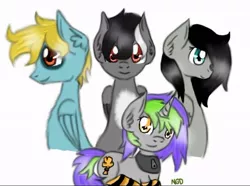 Size: 800x595 | Tagged: artist needed, safe, derpibooru import, oc, oc:frenzy nuke, oc:rich hernandez, oc:viola heartstrings, unofficial characters only, pegasus, pony, unicorn, clothes, cloths, collar, group photo, looking at you, lying down, socks, striped socks