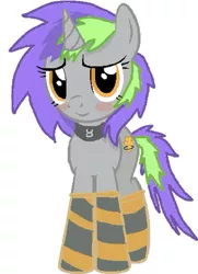 Size: 531x733 | Tagged: artist needed, safe, derpibooru import, oc, oc:frenzy nuke, unofficial characters only, pony, unicorn, blushing, clothes, cloths, collar, looking at you, socks, solo, standing, striped socks