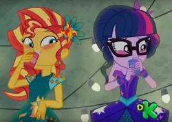 Size: 904x644 | Tagged: safe, derpibooru import, screencap, sci-twi, sunset shimmer, twilight sparkle, equestria girls, legend of everfree, blushing, cropped, discovery kids, out of context