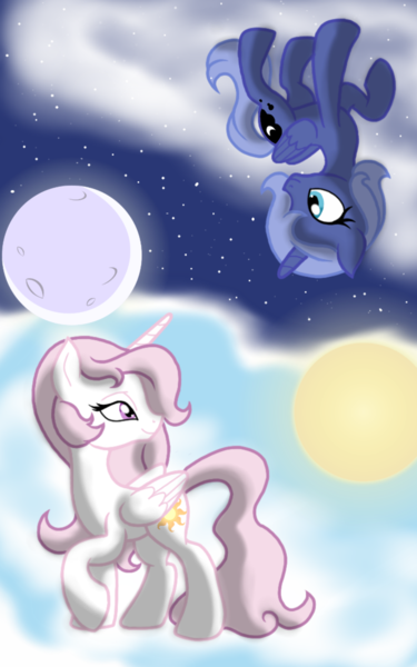 Size: 1200x1920 | Tagged: safe, artist:theroyalprincesses, derpibooru import, princess celestia, princess luna, cewestia, cloud, cute, day, duo, female, filly, filly celestia, filly luna, moon, night, night sky, pink-mane celestia, raised hoof, request, royal sisters, sisters, sky, split screen, stars, sun, tangible heavenly object, upside down, woona, younger
