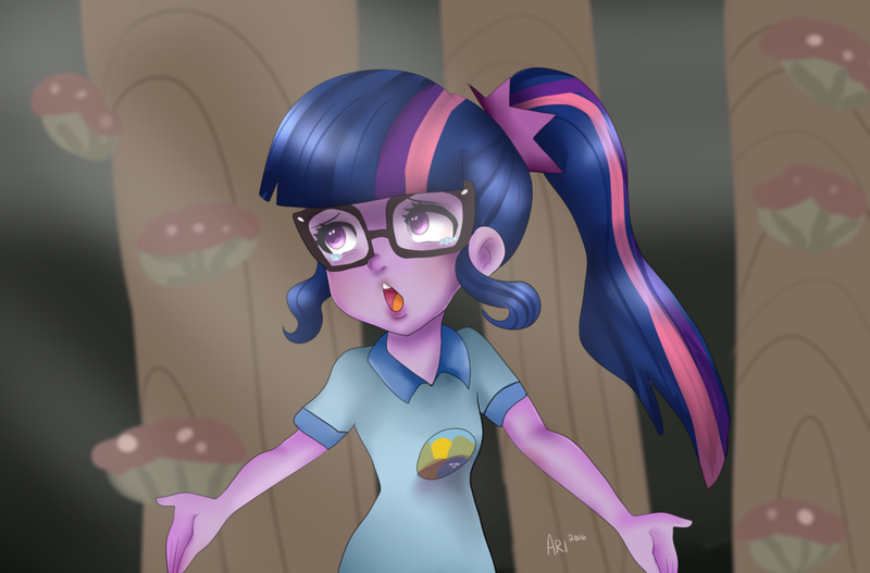Size: 1024x675 | Tagged: safe, artist:arioodle, derpibooru import, sci-twi, twilight sparkle, equestria girls, legend of everfree, forest, glasses, open mouth, scene interpretation, signature, singing, solo, the midnight in me