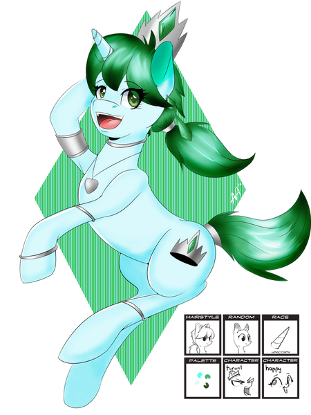 Size: 1080x1440 | Tagged: safe, artist:shelltoon, derpibooru import, oc, oc:jade coronet, unofficial characters only, pony, unicorn, bracelet, choker, crystal, ear piercing, earring, female, horn ring, jewelry, necklace, piercing, pony randomizer challenge, ponytail, solo