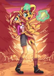 Size: 1542x2160 | Tagged: safe, artist:discorded, artist:pirill, derpibooru import, sunset shimmer, pony, equestria girls, legend of everfree, best pony, boots, camp everfree, cheek fluff, clothes, collaboration, cute, holding a pony, human ponidox, leg fluff, levitation, magic, open mouth, self ponidox, shimmerbetes, shorts, socks, solo, sunset shimmer day, sunshine shimmer, telekinesis, trophy