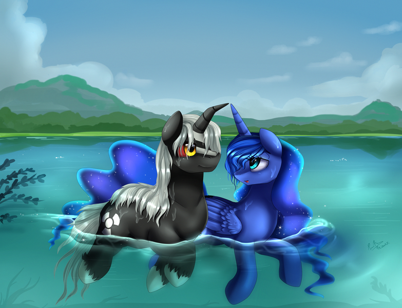 Size: 2870x2198 | Tagged: safe, artist:pridark, derpibooru import, princess luna, ponified, alicorn, duck pony, kaiju pony, pony, unicorn, fanfic:the bridge, buoyant, canon x oc, colored sclera, commission, crooked horn, female, godzilla (series), godzilla junior, lake, lunazilla, male, mare, open mouth, red sclera, scenery, shipping, signature, sipping, stallion, straight, swimming, water, wet