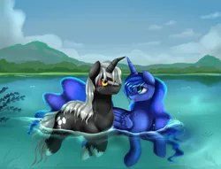 Size: 2870x2198 | Tagged: safe, artist:pridark, derpibooru import, princess luna, ponified, alicorn, duck pony, kaiju pony, pony, unicorn, fanfic:the bridge, buoyant, canon x oc, colored sclera, commission, crooked horn, female, godzilla (series), godzilla junior, lake, lunazilla, male, mare, open mouth, red sclera, scenery, shipping, signature, sipping, stallion, straight, swimming, water, wet