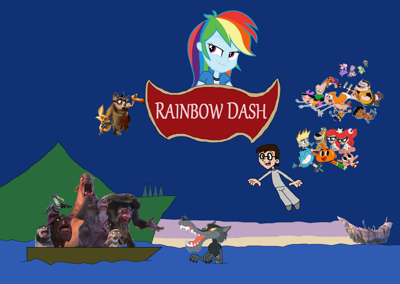 Size: 4609x3273 | Tagged: safe, derpibooru import, rainbow dash, oc, human, wolf, equestria girls, captain gutt, crossover, dobson, don bluth, flynn, gupta, ice age, johnny test, oscar's oasis, parody, peter and the wolf, peter pan, phineas and ferb, poster, raz, silas, squint, the amazing world of gumball, the secret of nimh