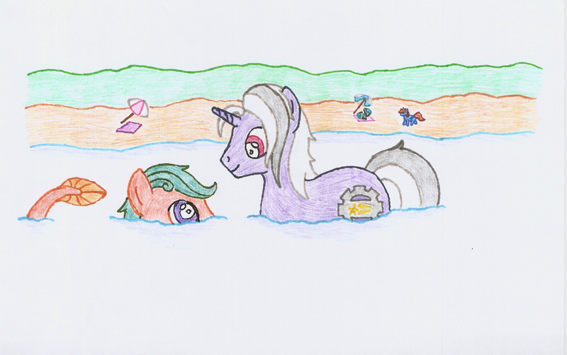 Size: 2550x1600 | Tagged: artist:jezendar, beach, derpibooru import, oc, ocean, safe, sea pony, swimming, traditional art, unofficial characters only, water