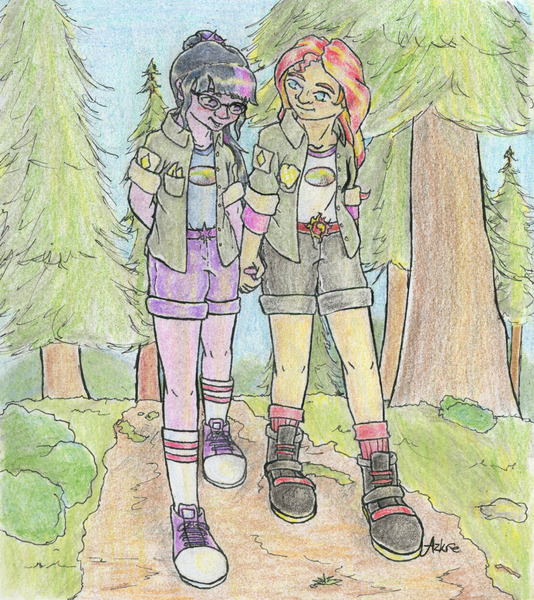Size: 1280x1437 | Tagged: safe, artist:azkre, derpibooru import, sci-twi, sunset shimmer, twilight sparkle, equestria girls, legend of everfree, clothes, converse, female, holding hands, jacket, lesbian, scitwishimmer, shipping, shoes, sneakers, sunsetsparkle