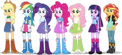 Size: 1863x851 | Tagged: safe, artist:tiredbrony, derpibooru import, applejack, fluttershy, pinkie pie, rainbow dash, rarity, sunset shimmer, twilight sparkle, twilight sparkle (alicorn), equestria girls, balloon, boots, bowtie, bracelet, clothes, cowboy boots, download at source, flash, flash puppet, high heel boots, humane seven, jacket, jewelry, leather jacket, puppet, simple background, socks, transparent background, wristband