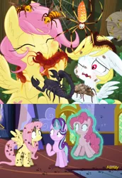 Size: 790x1150 | Tagged: safe, artist:equestria-prevails, derpibooru import, edit, edited screencap, screencap, angel bunny, fluttershy, pinkie pie, starlight glimmer, earth pony, hornet, insect, millipede, pegasus, pony, rat, scorpion, snake, spider, unicorn, every little thing she does, asian giant hornet, bug armor, comparison, creepy crawlies, creepy smile, do not want, ear fluff, eyes closed, fear, female, fiducia compellia, forest, frown, glowing horn, hilarious in hindsight, hypnosis, hypnotized, indoors, levitation, magic, mare, one eye closed, outdoors, ponified pony pets, raised hoof, smiling, standing, sweat, telekinesis, twilight's castle