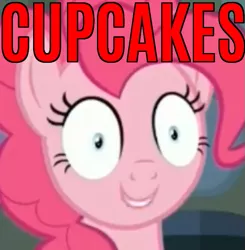Size: 629x641 | Tagged: caption, derpibooru import, edit, edited screencap, every little thing she does, fanfic:cupcakes, food, horror, image macro, meme, pinkie pie, reaction image, safe, screencap, smiling, solo, text, thousand yard stare
