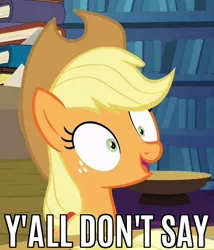 Size: 383x448 | Tagged: applejack, caption, derpibooru import, edit, edited screencap, every little thing she does, image macro, meme, nicolas cage, reaction image, safe, sarcasm, screencap, solo, y'all, you don't say