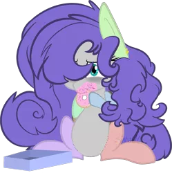 Size: 1923x1927 | Tagged: safe, artist:binkyt11, derpibooru import, oc, oc:penelope, unofficial characters only, pegasus, pony, bags under eyes, big hair, donut, ear piercing, earring, embarrassed, food, jewelry, nom, piercing, solo, stitches, watermark