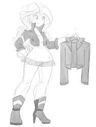 Size: 905x1200 | Tagged: dead source, safe, artist:reiduran, derpibooru import, sunset shimmer, equestria girls, friendship games, clothes, clothes hanger, grayscale, jacket, leather jacket, monochrome, sketch, solo, wide hips