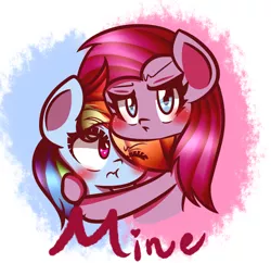 Size: 1024x990 | Tagged: safe, artist:artypaints, derpibooru import, pinkie pie, rainbow dash, pony, blushing, cute, cuteamena, dashabetes, diapinkes, female, hug, lesbian, mare, pinkadash, pinkamena diane pie, pinkiedash, possessive, shipping, straight mane, text