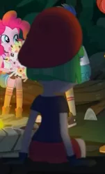 Size: 489x810 | Tagged: safe, derpibooru import, screencap, drama letter, pinkie pie, watermelody, equestria girls, legend of everfree, ass, beret, butt, food, hat, marshmallow, waterbooty