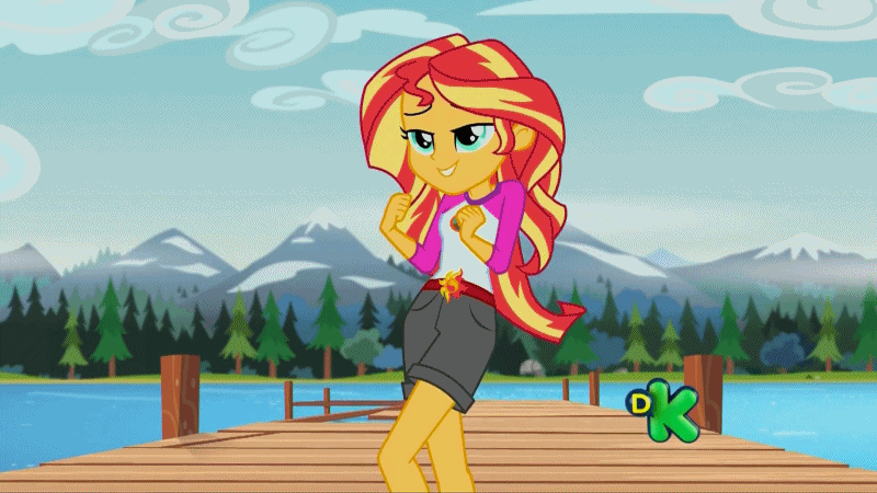 Size: 800x450 | Tagged: safe, derpibooru import, screencap, sunset shimmer, equestria girls, legend of everfree, animated, clothes, discovery kids, embrace the magic, fist, gif, lake, lidded eyes, out of context, sexy, shimmy, shorts, singing, solo