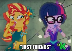 Size: 701x500 | Tagged: safe, derpibooru import, edit, edited screencap, screencap, sci-twi, sunset shimmer, twilight sparkle, equestria girls, legend of everfree, blushing, caption, discovery kids, out of context