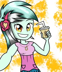 Size: 1024x1182 | Tagged: safe, artist:alligatorgummy, derpibooru import, lyra heartstrings, equestria girls, rainbow rocks, beverage, clothes, credits, cup, cute, happy, headphones, jewelry, looking at you, lyrabetes, necklace, pendant, selfie, shine like rainbows, smiling, smiling at you, solo, straw