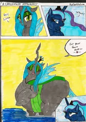 Size: 1024x1444 | Tagged: safe, artist:squishyluna, derpibooru import, princess luna, queen chrysalis, alicorn, changeling, changeling queen, pony, bugbutt, double chin, fat, female, mare, obese, princess moonpig, queen chrysalard
