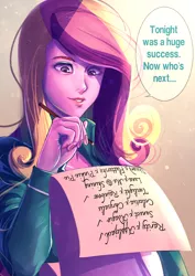 Size: 700x990 | Tagged: safe, artist:bakki, derpibooru import, princess cadance, equestria girls, dean cadance, implied death note, implied rarijack, implied sunsagio, implied twidash, pencil, princess of shipping, scroll, shipper on deck, shipping, solo