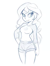 Size: 1280x1670 | Tagged: safe, artist:ambris, derpibooru import, sunset shimmer, equestria girls, legend of everfree, camp everfree outfits, clothes, cute, female, hand on hip, monochrome, shimmerbetes, shorts, simple background, sketch, smiling, solo, thighs, white background