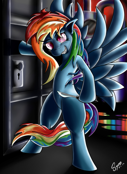 Size: 1400x1920 | Tagged: grimdark, artist:sycoartworks, derpibooru import, rainbow dash, pony, fanfic:rainbow factory, bipedal, door, scalpel, solo