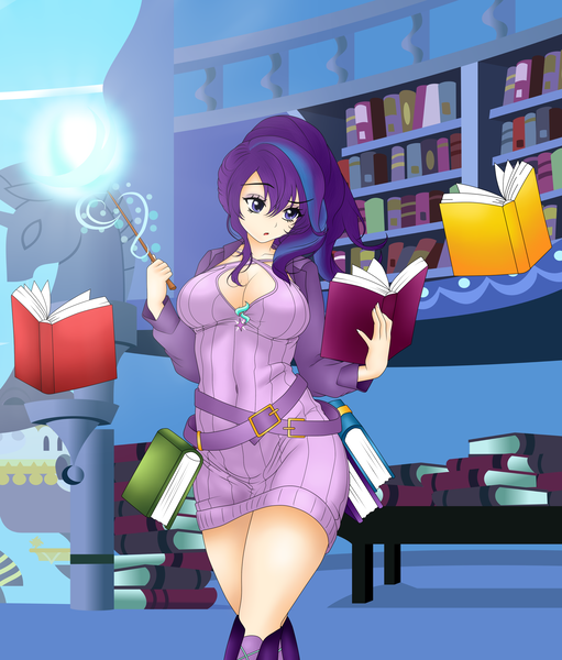 Size: 2300x2700 | Tagged: artist:magico-enma, big breasts, book, breasts, busty starlight glimmer, canterlot, cleavage, clothes, derpibooru import, every little thing she does, female, human, humanized, levitation, library, magic, magic wand, solo, starlight glimmer, suggestive, telekinesis, twilight's canterlot home, wand