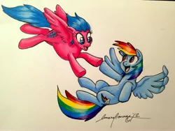 Size: 3264x2448 | Tagged: safe, artist:lunaraleaf, derpibooru import, firefly, rainbow dash, flying, g1, g1 to g4, generation leap, traditional art