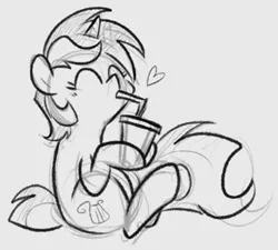 Size: 500x450 | Tagged: safe, artist:egophiliac, derpibooru import, lyra heartstrings, pony, unicorn, drink, drinking, eyes closed, grayscale, heart, monochrome, sitting, sketch, smoothie, solo