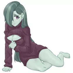 Size: 890x890 | Tagged: suggestive, artist:ta-na, derpibooru import, marble pie, equestria girls, barefoot, breasts, busty marble pie, cleavage, clothes, equestria girls-ified, feet, female, open-chest sweater, solo, solo female, sweater