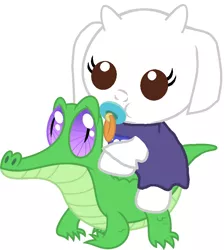 Size: 786x877 | Tagged: safe, artist:red4567, derpibooru import, gummy, ponified, pony, baby, baby goat, baby pony, crossover, cute, pacifier, ponies riding gators, riding, toriel, undertale