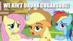 Size: 1280x720 | Tagged: applejack, applejack is a bad liar, bags under eyes, blatant lies, blushing, derpibooru import, discovery family logo, drunk, drunk aj, drunker dash, drunkershy, edit, edited screencap, every little thing she does, fluttershy, image macro, looking at you, meme, messy mane, rainbow dash, safe, screencap, spoonerism, tired