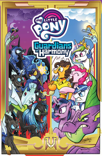 Size: 800x1213 | Tagged: safe, artist:andypriceart, derpibooru import, idw, boneless, boneless 2, cheese sandwich, nightmare moon, pinkie pie, princess celestia, queen chrysalis, rainbow dash, shining armor, spike, spitfire, twilight sparkle, twilight sparkle (alicorn), alicorn, changeling, pony, spoiler:comic, spoiler:guardians of harmony, clothes, costume, guardians of harmony, preview, shadowbolts, shadowbolts costume, spikezilla