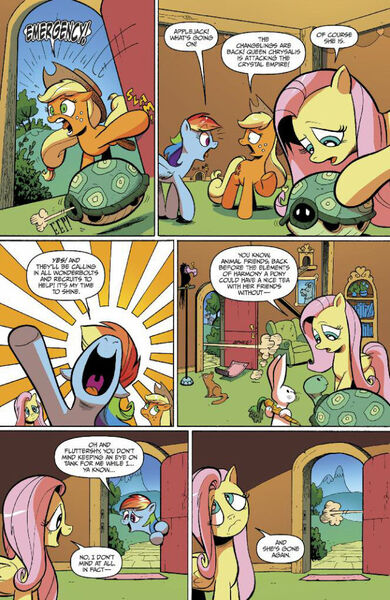 Size: 636x978 | Tagged: safe, artist:andypriceart, derpibooru import, idw, angel bunny, applejack, fluttershy, rainbow dash, tank, earth pony, pegasus, pony, tortoise, vulture, spoiler:comic, spoiler:guardians of harmony, comic, eyeroll, female, fluttershy is not amused, guardians of harmony, mare, official comic, preview, speech bubble, unamused