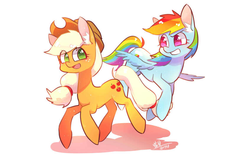 Size: 3507x2303 | Tagged: applejack, artist:miaoxing, derpibooru import, rainbow dash, safe, signature, simple background