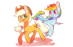 Size: 3507x2303 | Tagged: applejack, artist:miaoxing, derpibooru import, rainbow dash, safe, signature, simple background