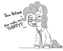 Size: 1280x1037 | Tagged: artist:pabbley, clothes, derpibooru import, dialogue, george costanza, glasses, jacket, monochrome, parody, pinkie pie, safe, seinfeld, solo