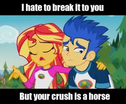 Size: 540x447 | Tagged: safe, derpibooru import, edit, edited screencap, screencap, flash sentry, sunset shimmer, equestria girls, legend of everfree, broken dreams, flashimmer implied, hypocrisy, hypocrite, reality check, truth, wrong