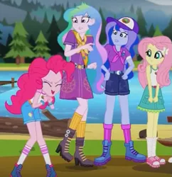 Size: 539x557 | Tagged: safe, derpibooru import, screencap, fluttershy, pinkie pie, princess celestia, princess luna, equestria girls, legend of everfree, balloon, boots, bracelet, camp everfree outfits, cap, clothes, crescent moon, cropped, hat, high heel boots, jewelry, moon, pinkie being pinkie, principal celestia, sash, scarf, shoes, shorts, socks, sun, vice principal luna, worried