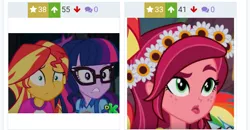 Size: 720x373 | Tagged: safe, derpibooru import, edit, edited screencap, screencap, gloriosa daisy, sci-twi, sunset shimmer, twilight sparkle, derpibooru, equestria girls, legend of everfree, juxtaposition, meta