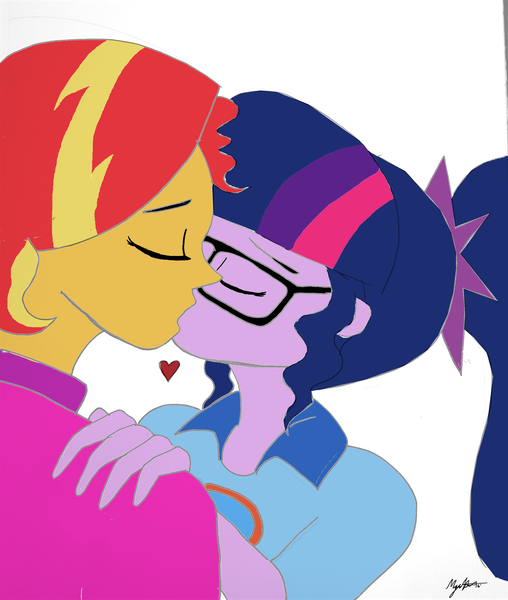 Size: 2988x3528 | Tagged: safe, artist:missmayaleanne, derpibooru import, sci-twi, sunset shimmer, twilight sparkle, equestria girls, legend of everfree, 1000 hours in gimp, eyes closed, female, glasses, heart, kissing, lesbian, ponytail, scitwishimmer, shipping, sunsetsparkle