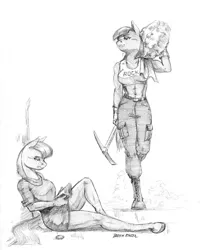 Size: 1200x1469 | Tagged: abs, anthro, artist:baron engel, book, boots, cargo pants, clothes, derpibooru import, female, grayscale, maud pie, monochrome, muscles, pencil drawing, pickaxe, reading, rock, solo, solo female, suggestive, tanktop, traditional art, unguligrade anthro