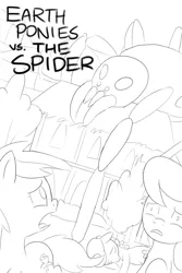 Size: 800x1200 | Tagged: safe, artist:unsavorydom, derpibooru import, daisy, flower wishes, lily, lily valley, roseluck, earth pony, giant spider, pony, spider, fainted, female, flower trio, mare, monochrome, movie poster, scared, sketch, the horror