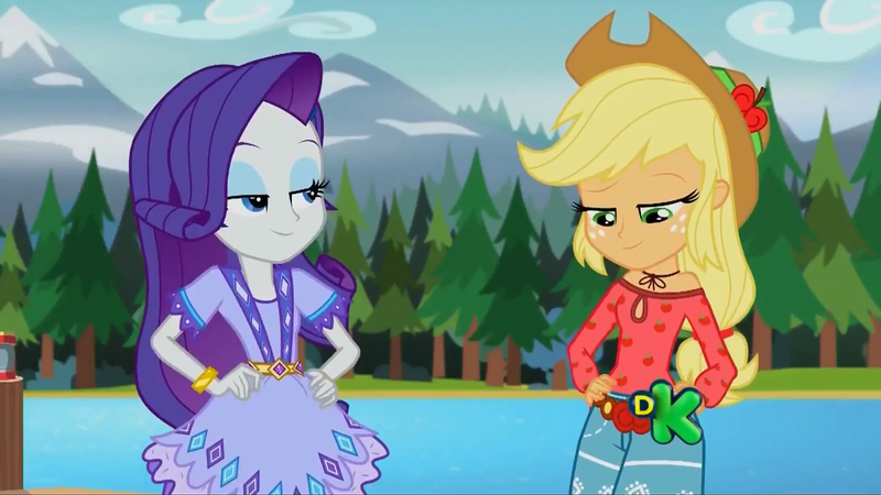 Size: 1280x720 | Tagged: safe, derpibooru import, screencap, applejack, rarity, equestria girls, legend of everfree, camp fashion show outfit, discovery kids, smugity