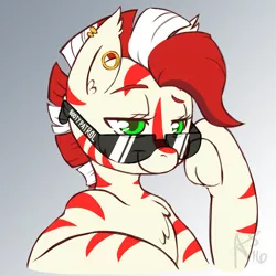 Size: 1000x1000 | Tagged: artist:curiouskeys, bust, colored pupils, commission, derpibooru import, gages, oc, oc:zeze, piercing, safe, solo, sunglasses, unofficial characters only, zebra